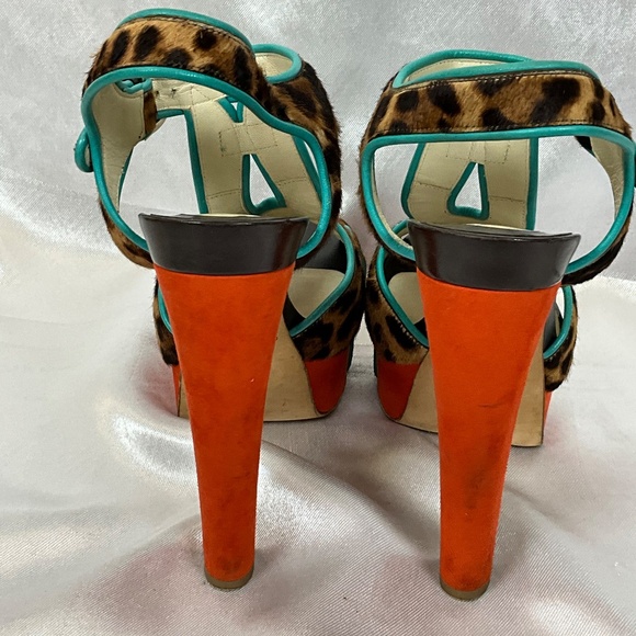 Brian Atwood Leopard Pony Hair Platform Heels Turquoise Trim Size 40 - Picture 8 of 15